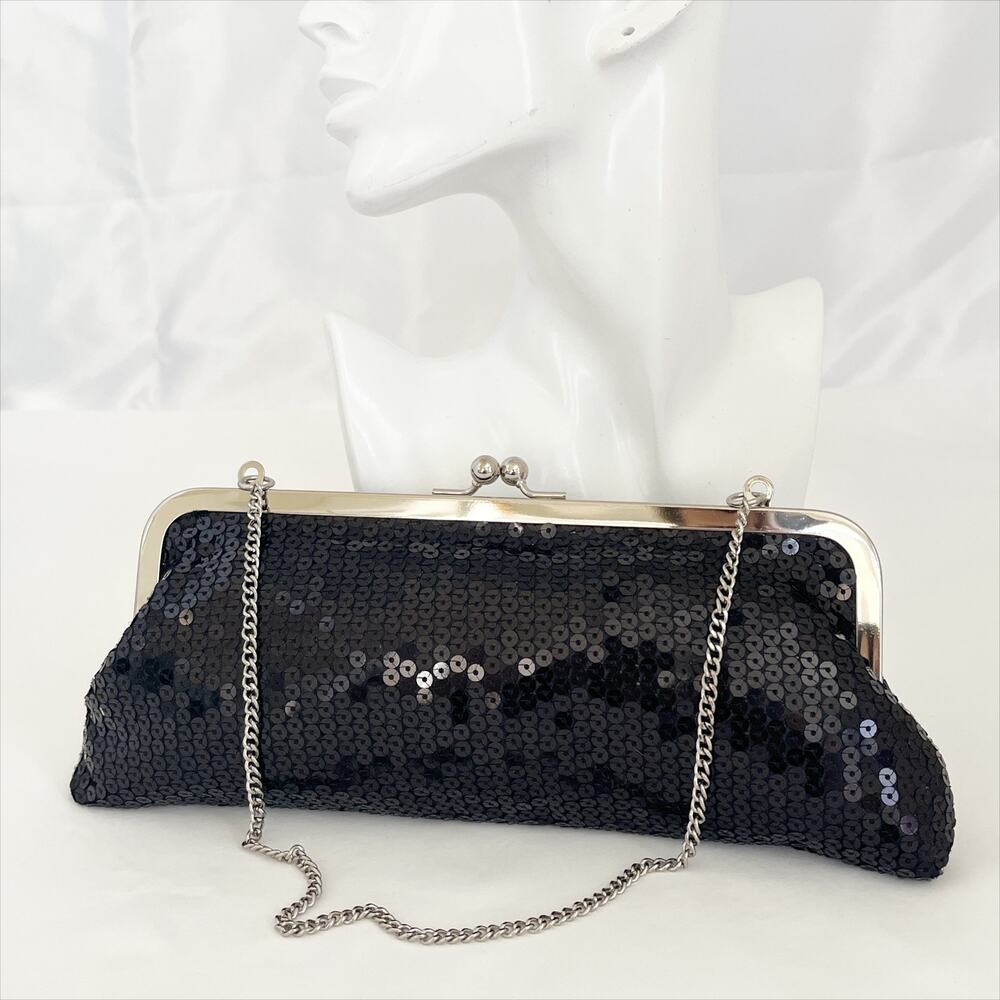 LOFT by Ann Taylor Vintage Black Sequin Evening Clutch Silver Toned Chain Strap